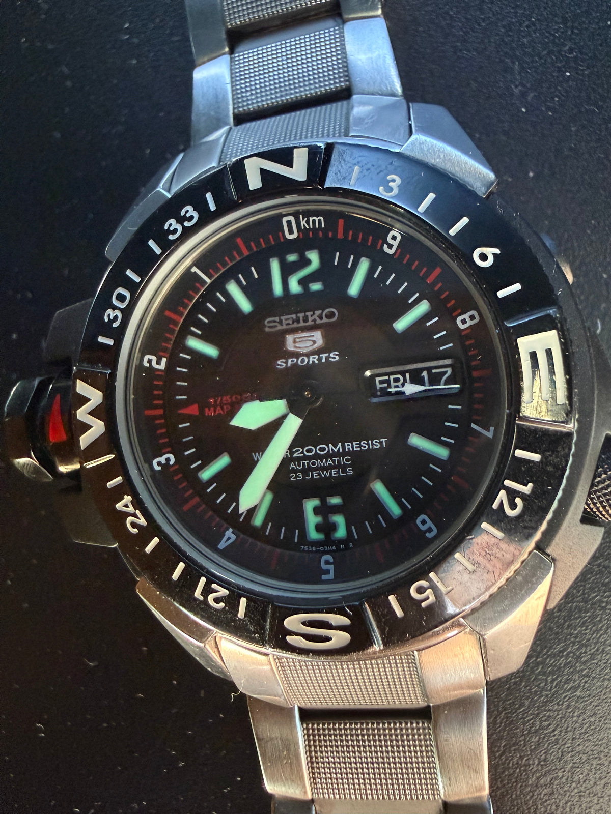 Seiko 5 Sports Automatic 7S36-02K0 – Black Dial Map Meter
