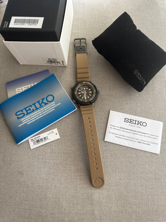 Seiko Prospex Solar Watch – Black Dial & Tan Strap SNJ029 Urban Arnie